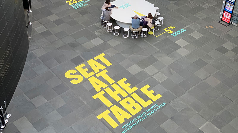 Overhead view of the Vision 2020 Seat at the Table exhibit in the Kimmel Center Plaza