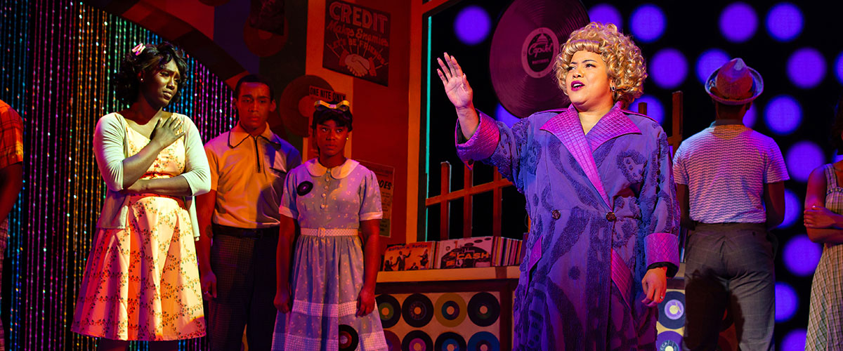     “I Know Where I’ve Been” – Toneisha Harris as “Motormouth Maybelle” and company in Hairspray. Photo: Jeremy Daniel. 