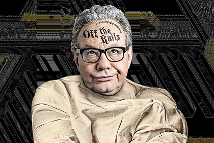 Lewis Black in a straightjacket with "off the rails" written on his forehead