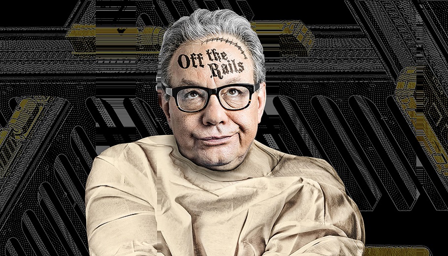 Lewis Black in a straightjacket with "off the rails" written on his forehead