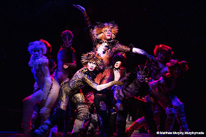 Lauren Louis as Demeter, Chelsea Nicole Mitchell as Bombalurina, and the company of the 2021-2022 national tour of CATS (Photo By_ Matthew Murphy, Murphymade)