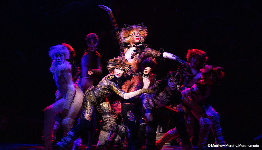 Lauren Louis as Demeter, Chelsea Nicole Mitchell as Bombalurina, and the company of the 2021-2022 national tour of CATS (Photo By_ Matthew Murphy, Murphymade)