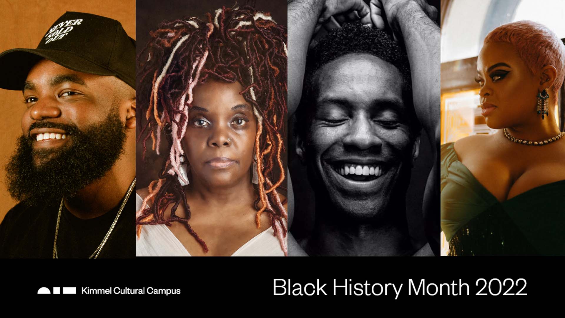 4 people's headshots - Will Toms, Vashti Dubois, Jermal Johnson, and Laurin Talese - are show on a black background above a banner reading Black History Month with the Kimmel Cultural Campus log