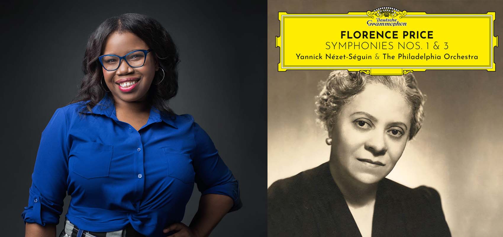 Headshot of Nicole Jordan, Principal Librarian of The Philadelphia Orchestra, next to the Orchestra's album cover of Florence Price's Symphonies No. 1 and 3