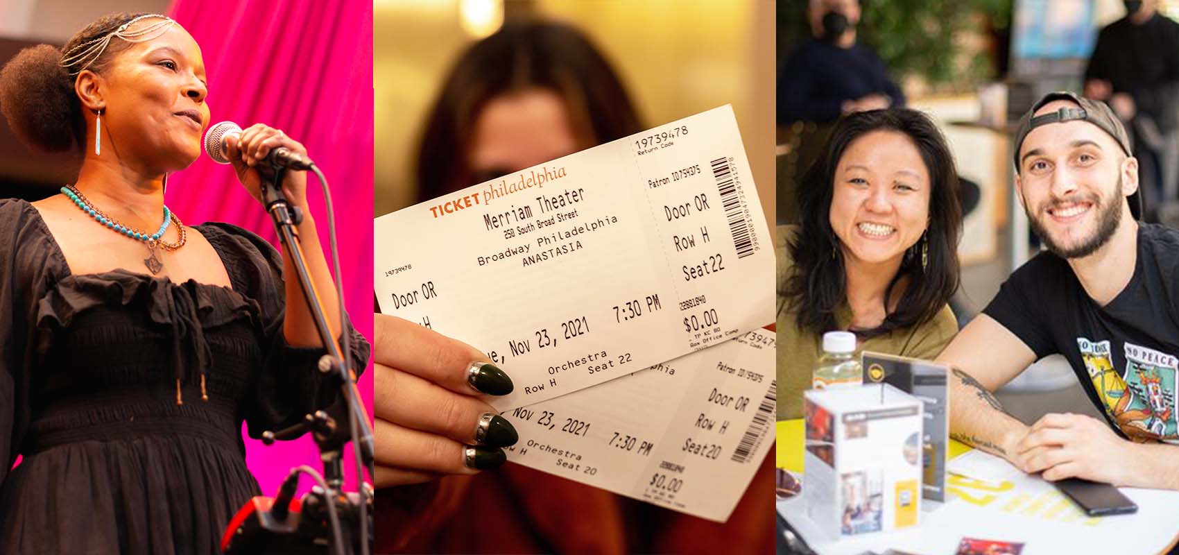 A collage of three photos show a singer on stage, a person holding tickets to a performance, and a couple at a happy hour event on the Kimmel Cultural Campus