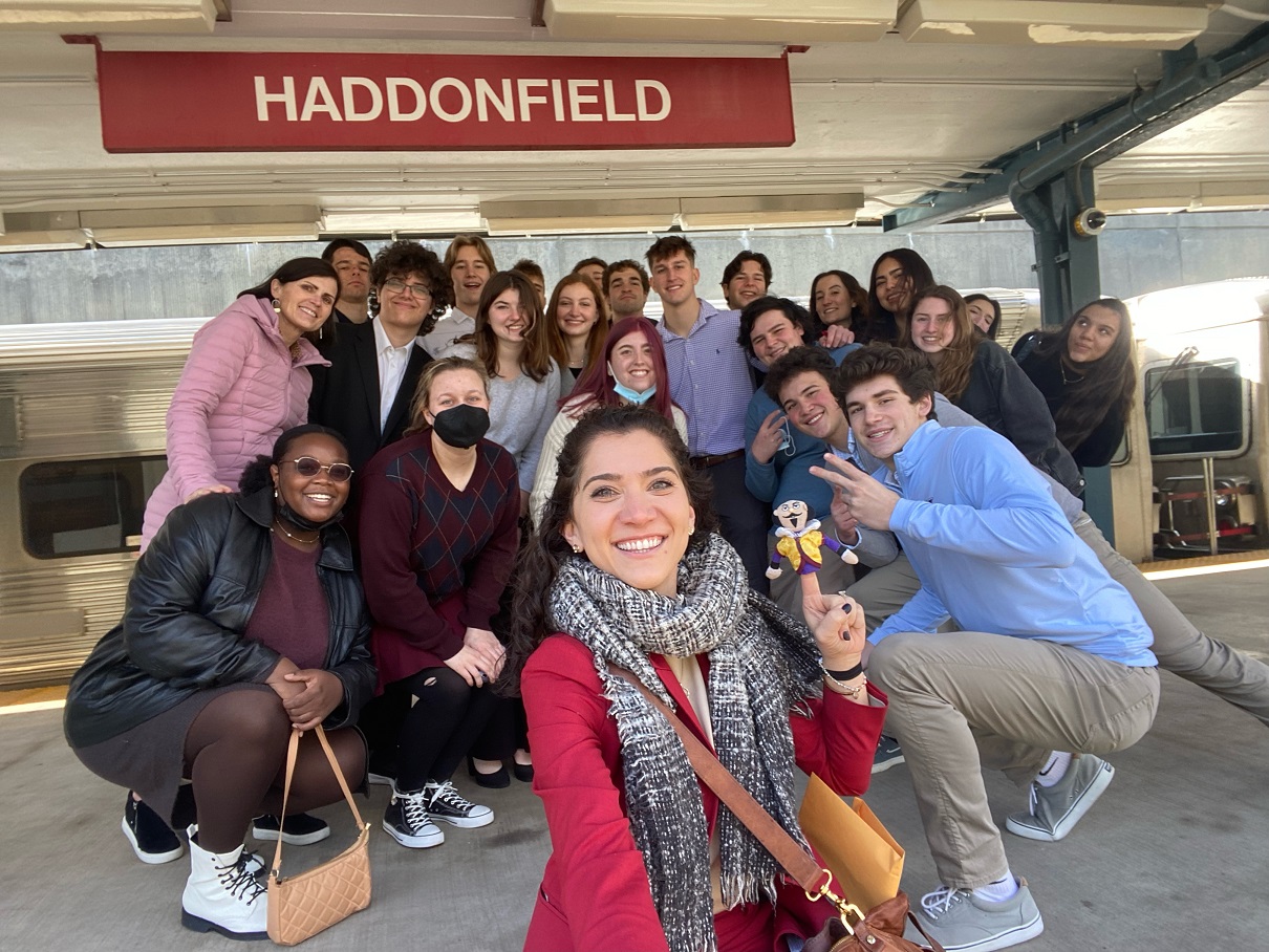 A high school class from Haddonfield, NJ led by their teacher Kimberly Dickstein Hughes board a train to see Hadestown at the Kimmel Cultural Campus