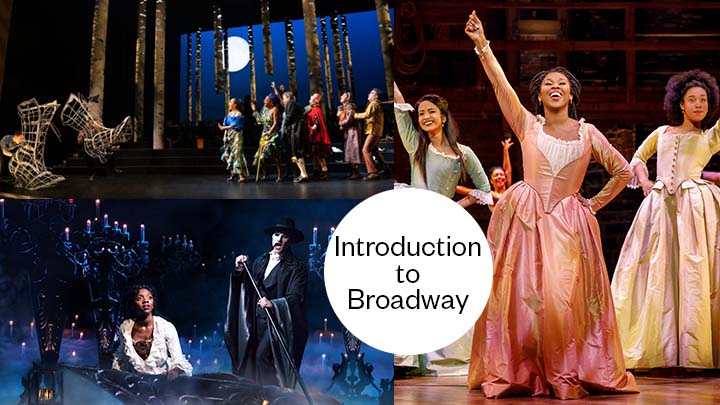 Collage of photos from Broadway musical Hamilton, The Phantom of the Opera, and Into The Woods with a small caption that says "Introduction to Broadway"