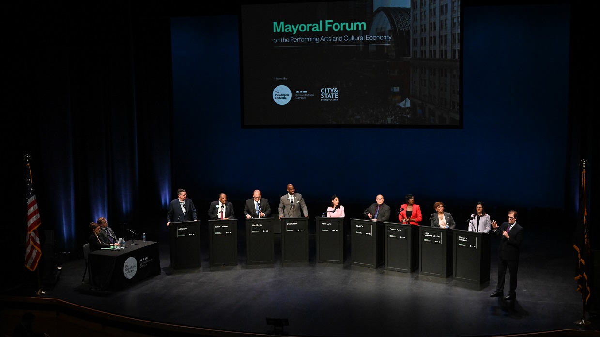 President & CEO of The Philadelphia Orchestra and Kimmel Cultural Campus introduces the nine candidates for Philadelphia mayor in 2023 at the Perelman Theater