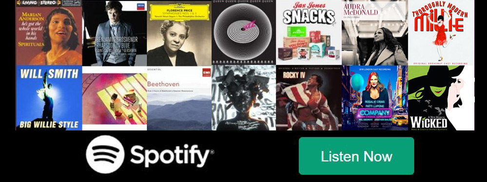 Image shows two rows of various music albums with the Spotify logo and a Listen Now button below.