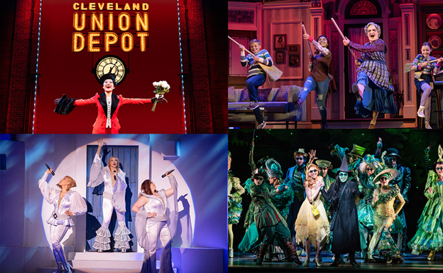 A collage of 4 photos from Funny Girl, Wicked, Mrs Doubtfire, and Mamma Mia