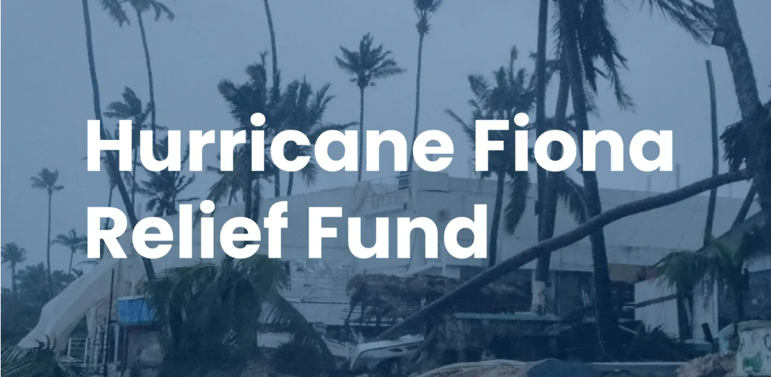 Graphic in blue tones that says Hurricane Fiona Relief Fund