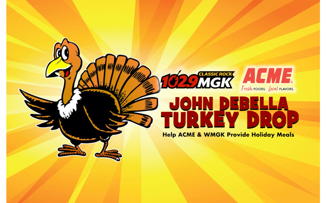 Graphic showing details for the WMGK John DeBella Turkey Drop in 2022 held at the Kimmel Center
