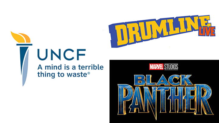 United Negro College Fund logo alongside logos for DRUMLine Live and Marvel Studios' Black Panther