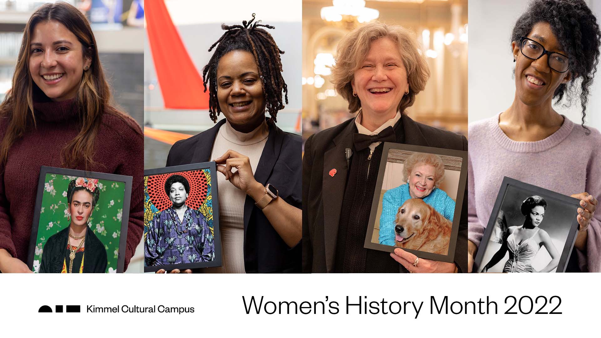 Four women stand holding a photo frame with a famous woman, celebrating Women's History Month on the Kimmel Cultural Campus