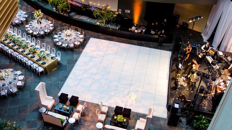 Tables, chairs, and a live band await the arrival of the bride and groom at the Kimmel Center's Commonwealth Plaza.
