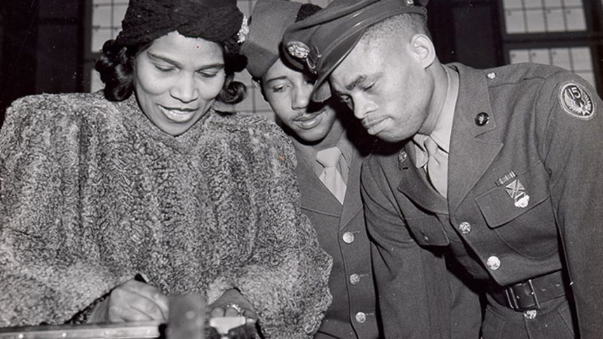Marian Anderson with Airmen at Fort Logan Air Force Base, Colorado | March 1943